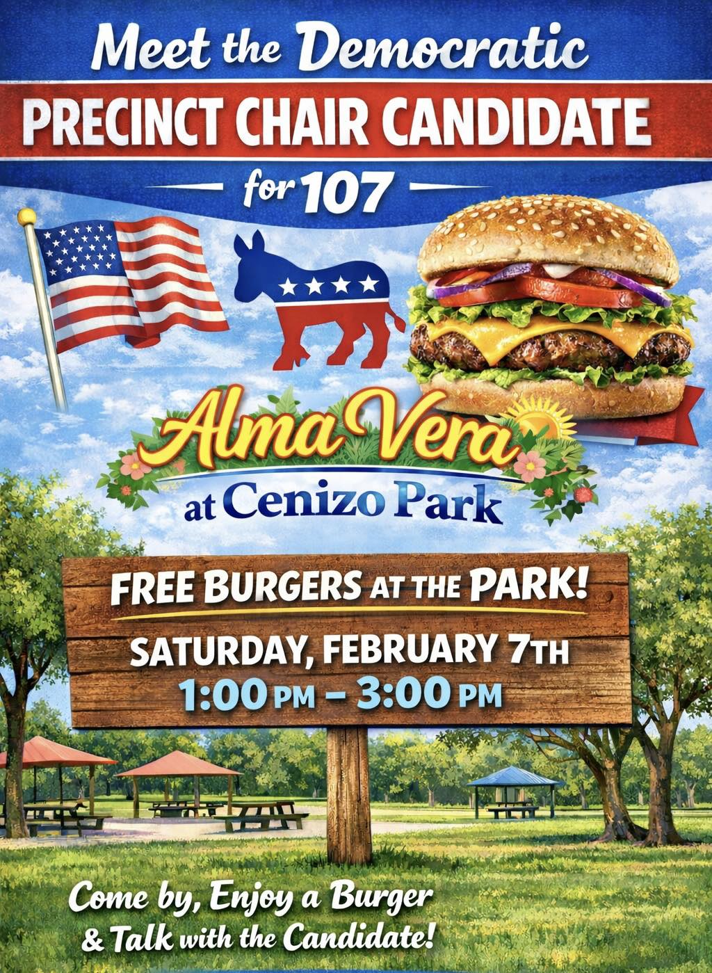 Free Burgers at the Park - Alma Vera Flyer